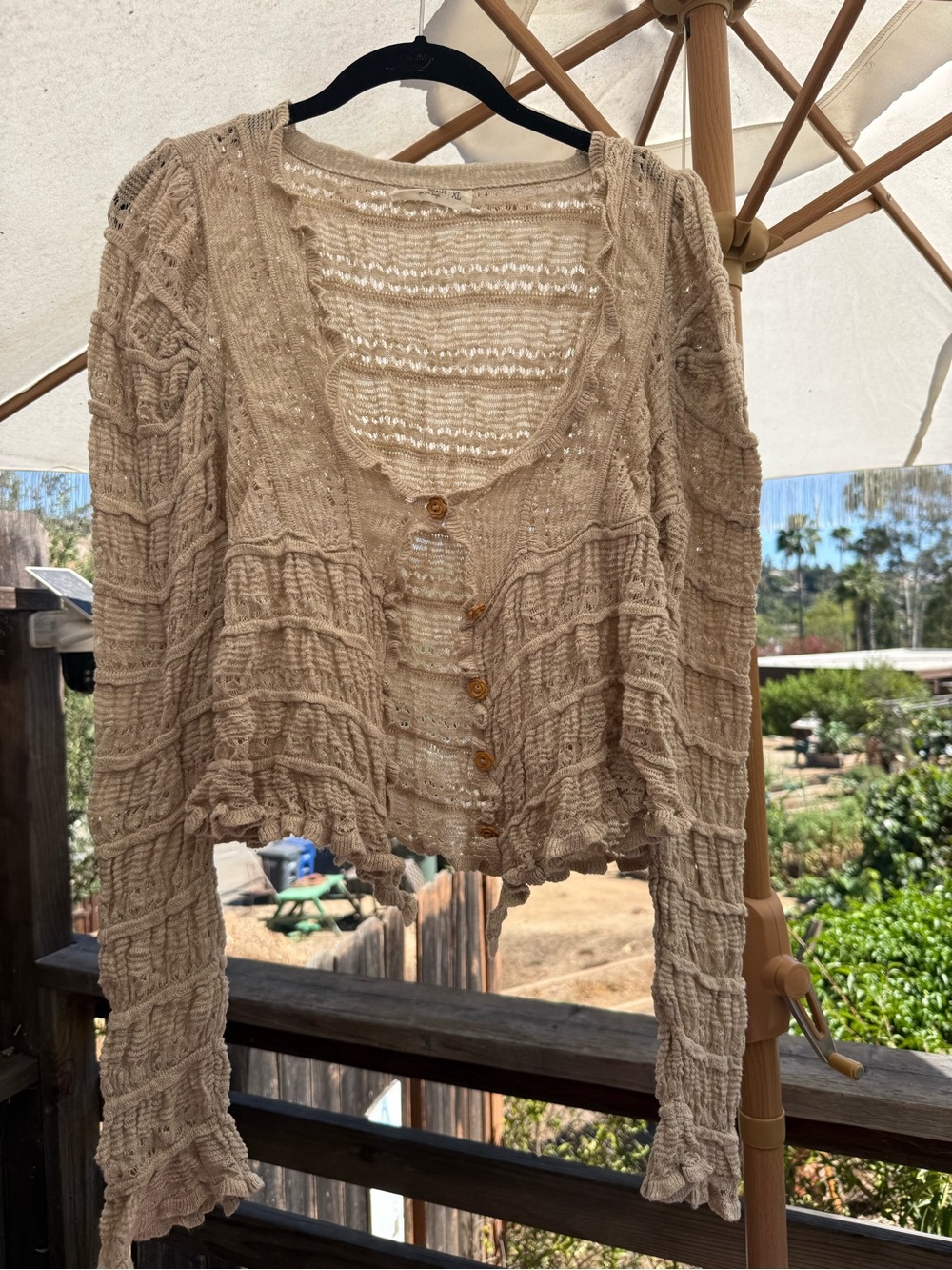 NATURAL LIFE Beige Open Knit Cropped Cardigan XL Boho Ruffle Fairy Grunge